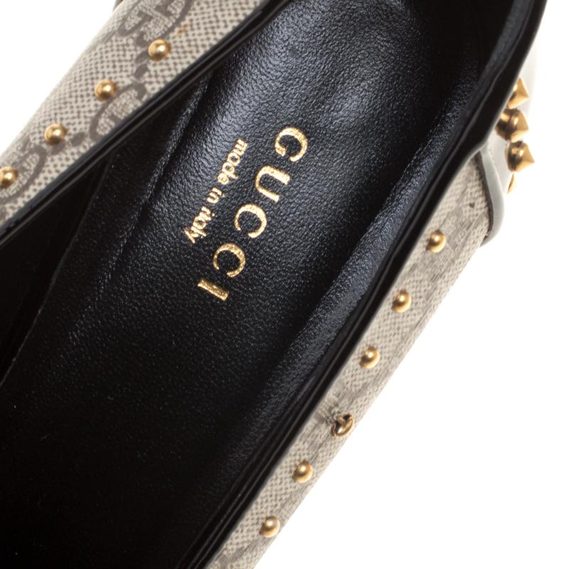 Gucci Beige/Black GG Supreme Canvas and Patent Leather Studded Fringe Loafer Pum 3