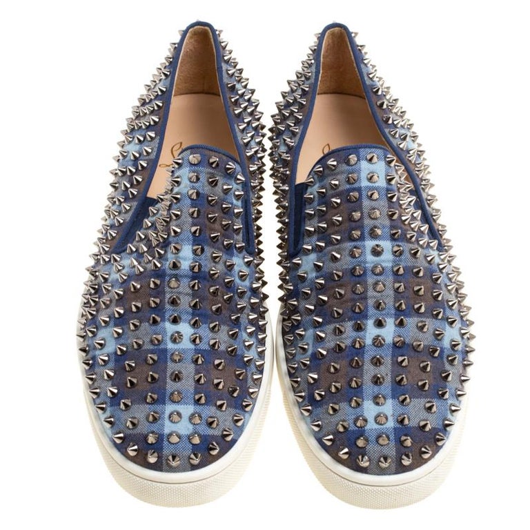 Christian Louboutin Blue Check Canvas Roller Boat Spiked Slip On ...