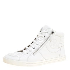 Chanel White Leather CC High Top Sneakers Size 45