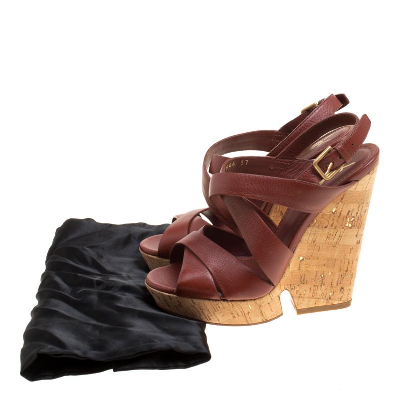 Saint Laurent Brown Leather Deauville Crisscross Strappy Wedge Sandals Size 37 1