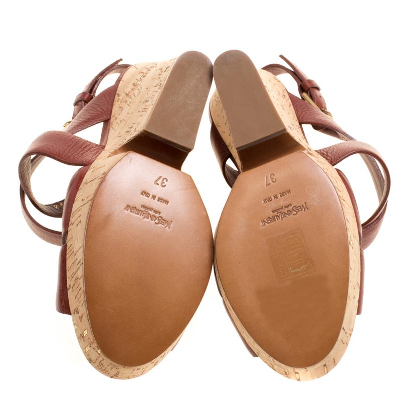 Saint Laurent Brown Leather Deauville Crisscross Strappy Wedge Sandals Size 37 4