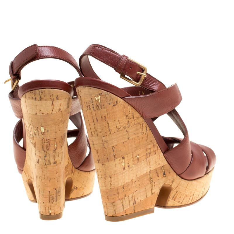 Saint Laurent Brown Leather Deauville Crisscross Strappy Wedge Sandals Size 37 In New Condition In Dubai, Al Qouz 2