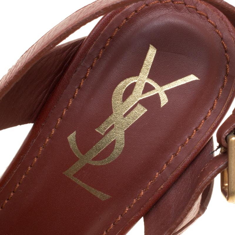 Saint Laurent Brown Leather Deauville Crisscross Strappy Wedge Sandals Size 37 3