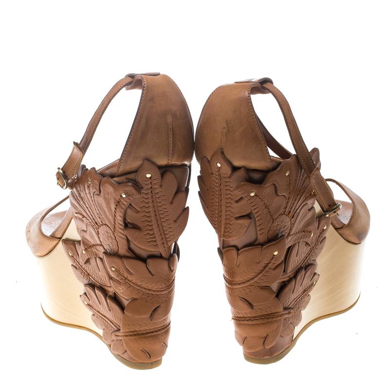 Brown Alexander McQueen Tan 3D Flower T-Strap Wedge Sandals Size 40