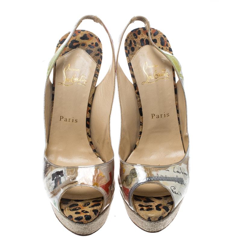 These sandals from Louboutin are a note on eco-friendly fashion. They are crafted from PVC with prints of trash and designed with peep toes, slingbacks and leopard-printed heels supported by platforms.

Includes: Original Dustbag

