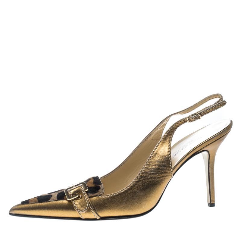Dolce and Gabbana Brown/Bronze Pony Hair and Leather Pointed Toe Slingback Sanda 1