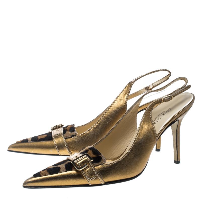 Dolce and Gabbana Brown/Bronze Pony Hair and Leather Pointed Toe Slingback Sanda 2