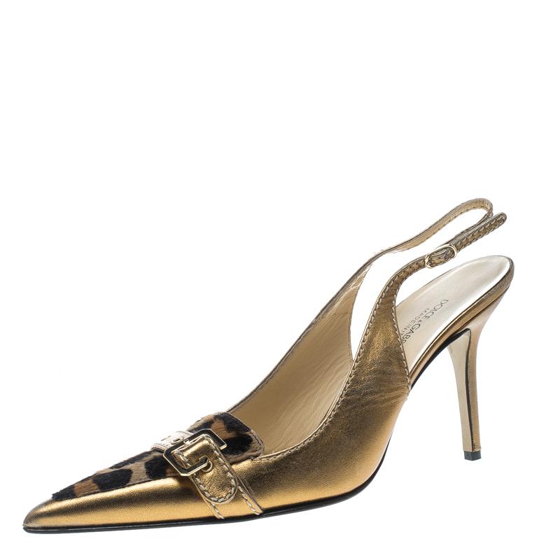 Dolce and Gabbana Brown/Bronze Pony Hair and Leather Pointed Toe Slingback Sanda