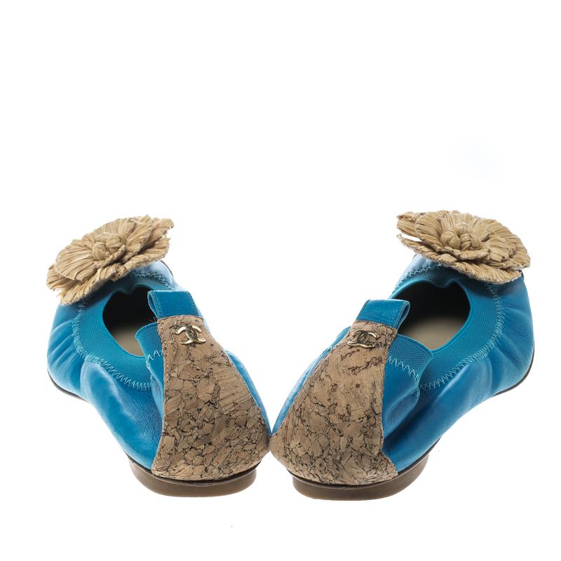 Blue Chanel Turquoise Leather Cork Cap Toe and Raffia Camelia Ballet Flats Size 40.5