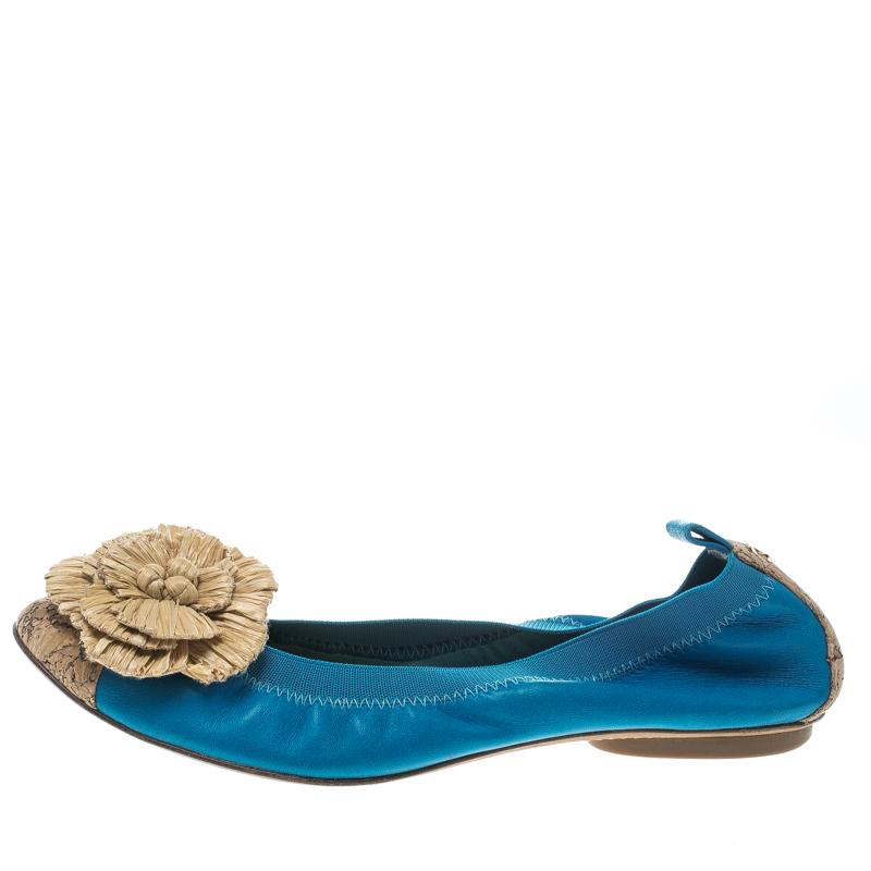 Women's Chanel Turquoise Leather Cork Cap Toe and Raffia Camelia Ballet Flats Size 40.5