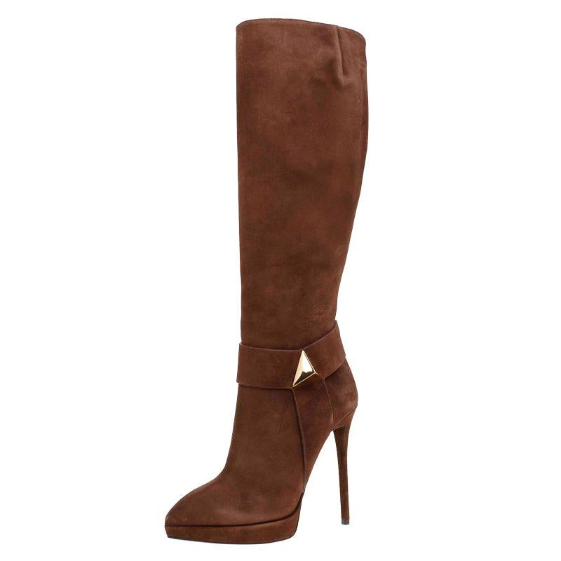 Giuseppe Zanotti Brown Suede Pointed Toe High Heel Knee Boots Size 38.5