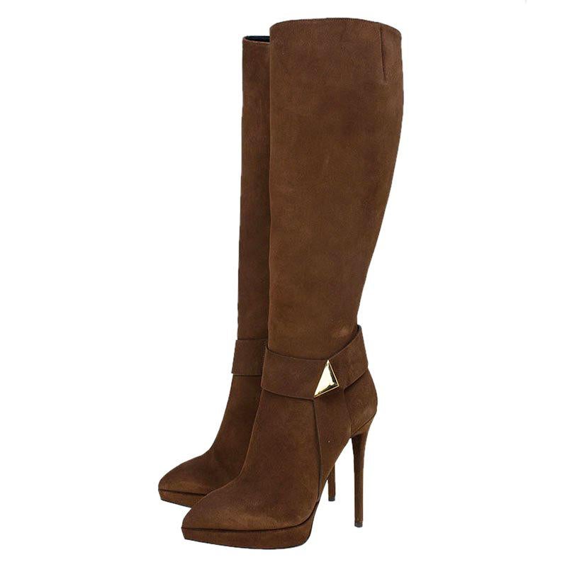 Women's Giuseppe Zanotti Brown Suede Pointed Toe High Heel Knee Boots Size 38.5