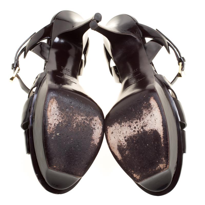 Saint Laurent Paris Brown Patent Leather Tribute Platform Sandals Size 39.5 In Good Condition In Dubai, Al Qouz 2
