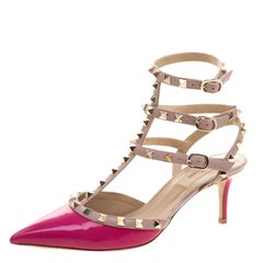 Valentino Beige and Pink Patent Leather Rockstud Sandals Size 38.5
