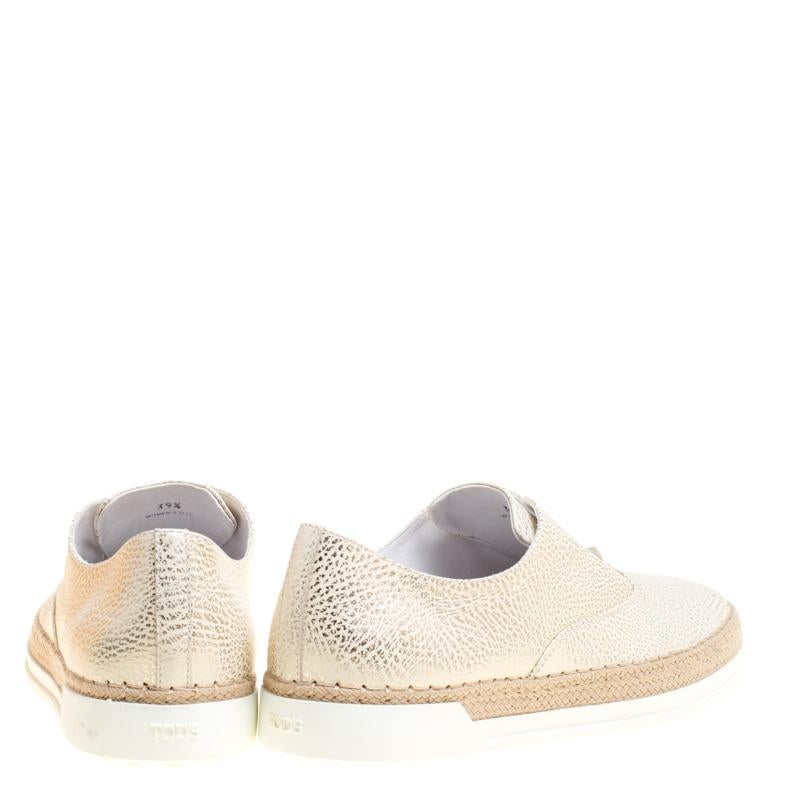 Beige Tod's Cream Textured Leather Francesina Espadrille Slip On Sneakers Size 39.5