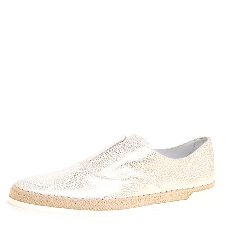 Tod's Cream Textured Leather Francesina Espadrille Slip On Sneakers Size 39.5