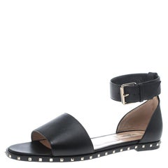 Valentino Black Leather Soul Rockstud Ankle Strap Flat Sandals Size 37.5