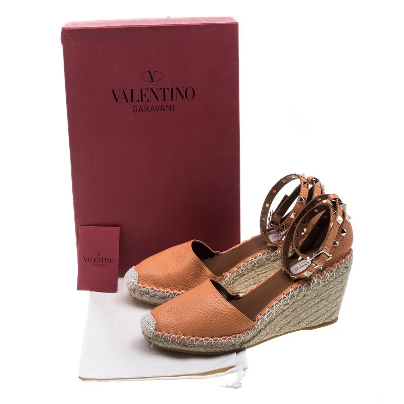 Valentino Tangerine Orange Leather Rockstud Ankle Strap Wedge Espadrille Sandals 4