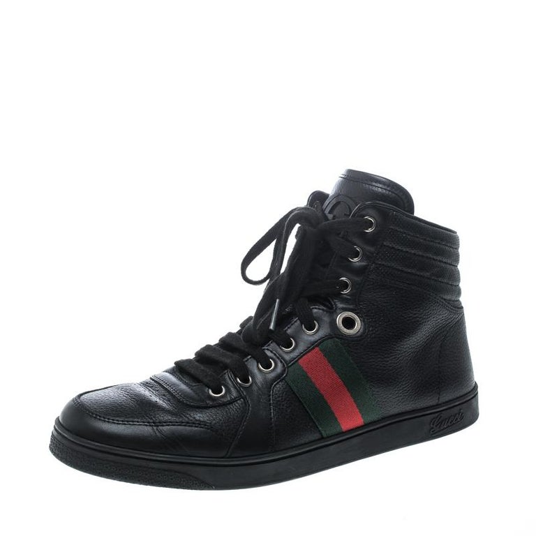 Gucci Black Leather Web Detail High Top Sneakers Size 40.5 at 1stDibs
