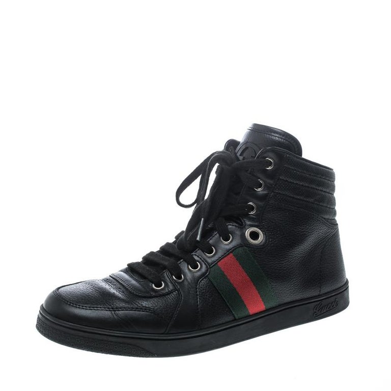 Gucci Black Leather Web Detail High Top Sneakers Size 40.5 at