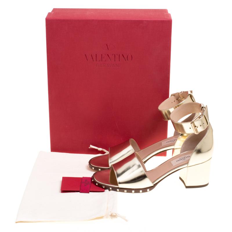 Valentino Gold Leather Soul Rockstud Ankle Strap Block Heel Sandals Size 37 2