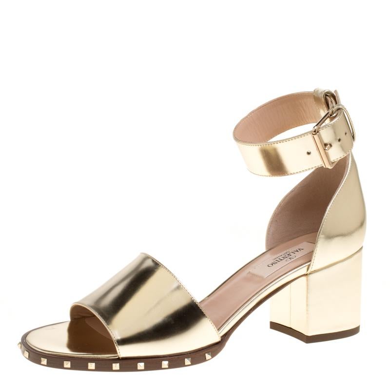 Valentino Gold Leather Soul Rockstud Ankle Strap Block Heel Sandals Size 37