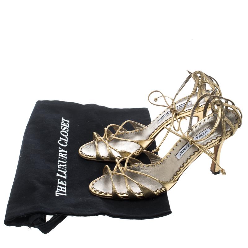 Manolo Blahnik Metallic Gold Leather Strappy Ankle Wrap Sandals Size 38 1