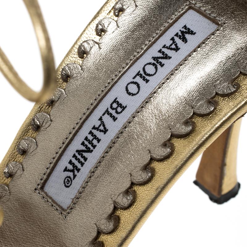 Manolo Blahnik Metallic Gold Leather Strappy Ankle Wrap Sandals Size 38 4