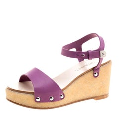 Chanel Purple Leather Ankle Strap Platform Wedge Sandals Size 39