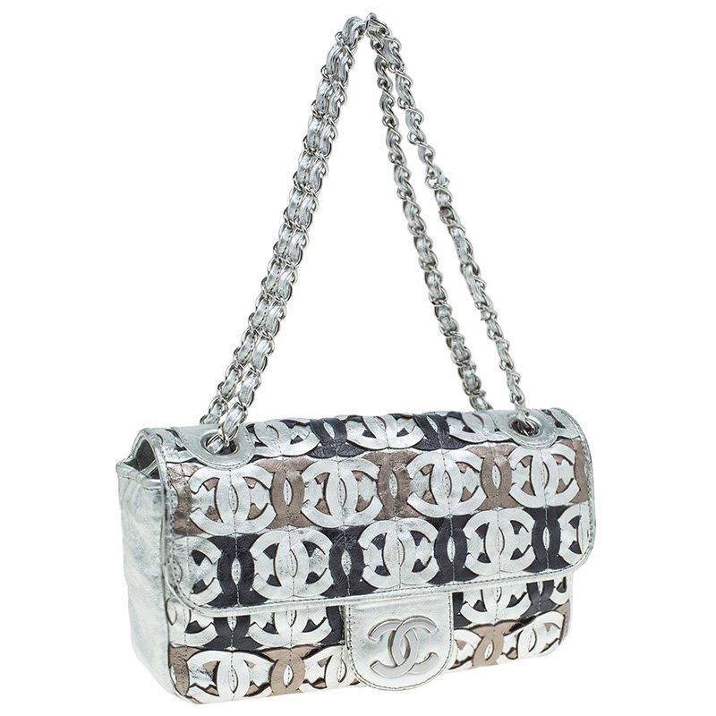 Chanel Metallic Silver Leather CC Cutout Flap Handbag 10