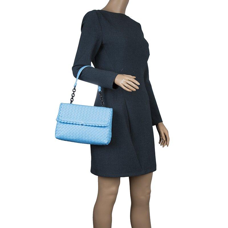 Bottega Veneta Baby Blue Intrecciato Leather Small Olimpia Top Handle Bag In Excellent Condition In Dubai, Al Qouz 2
