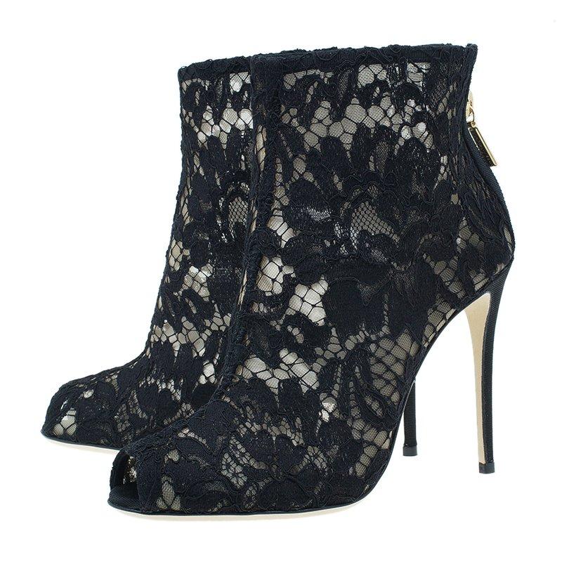 Dolce and Gabbana Black Lace and Mesh Ankle Boots Size 36 4