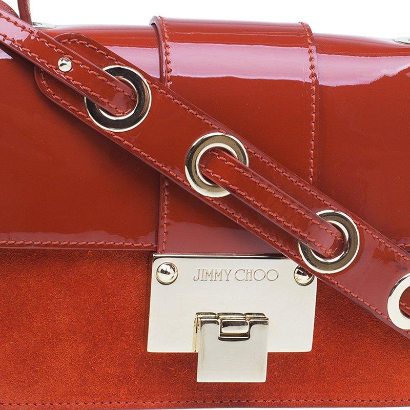 Jimmy Choo Red Patent Leather and Suede Rebel Crossbody Bag In Good Condition In Dubai, Al Qouz 2