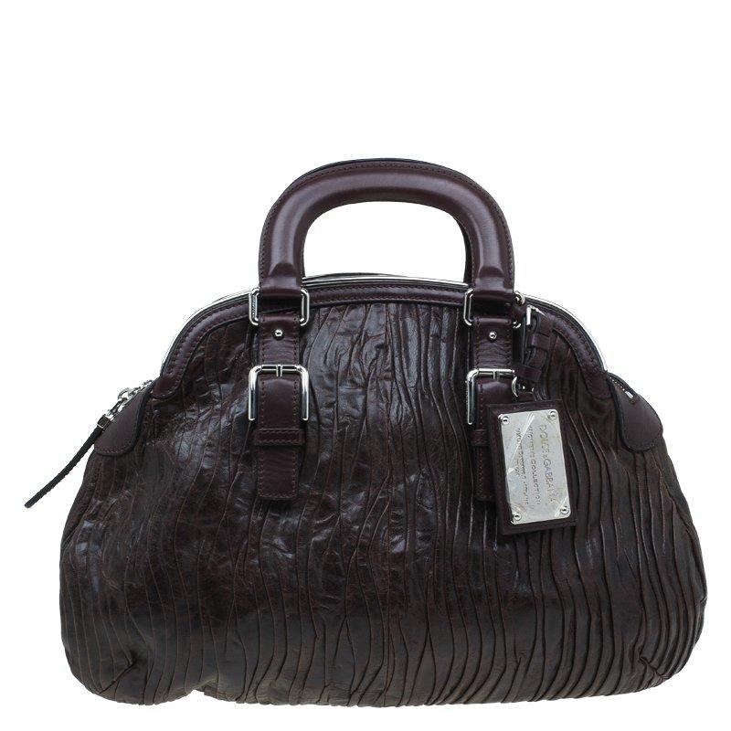 Dolce and Gabbana Brown Pleated Leather Miss Bauletto Dome Satchel 2