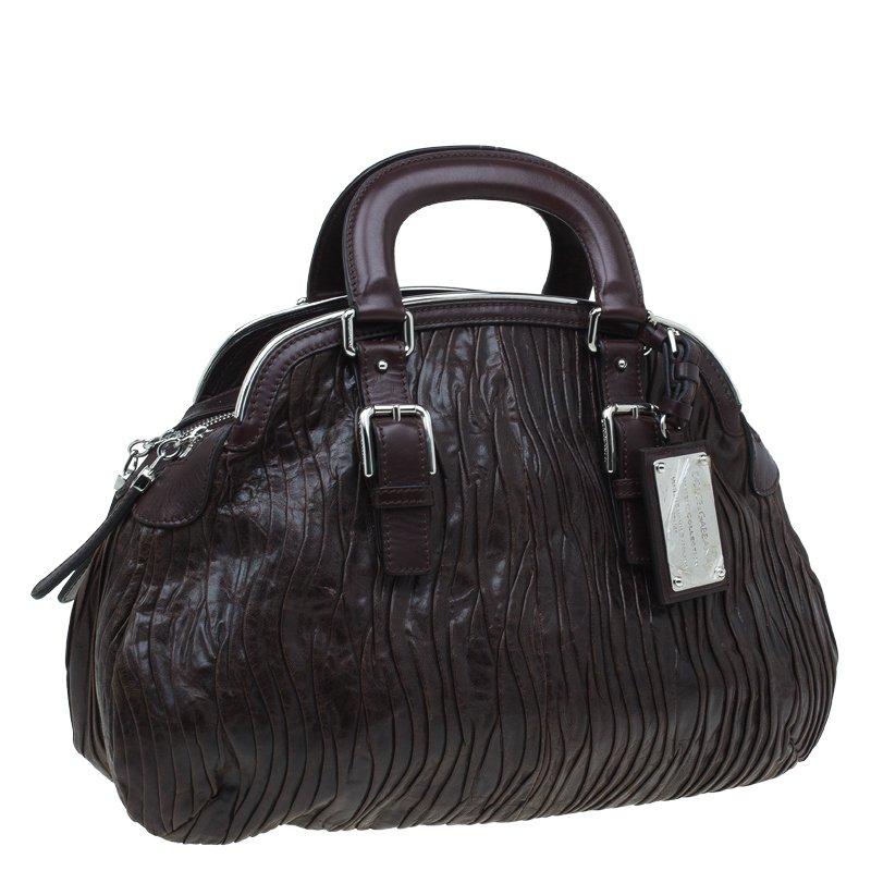 Dolce and Gabbana Brown Pleated Leather Miss Bauletto Dome Satchel In Good Condition In Dubai, Al Qouz 2