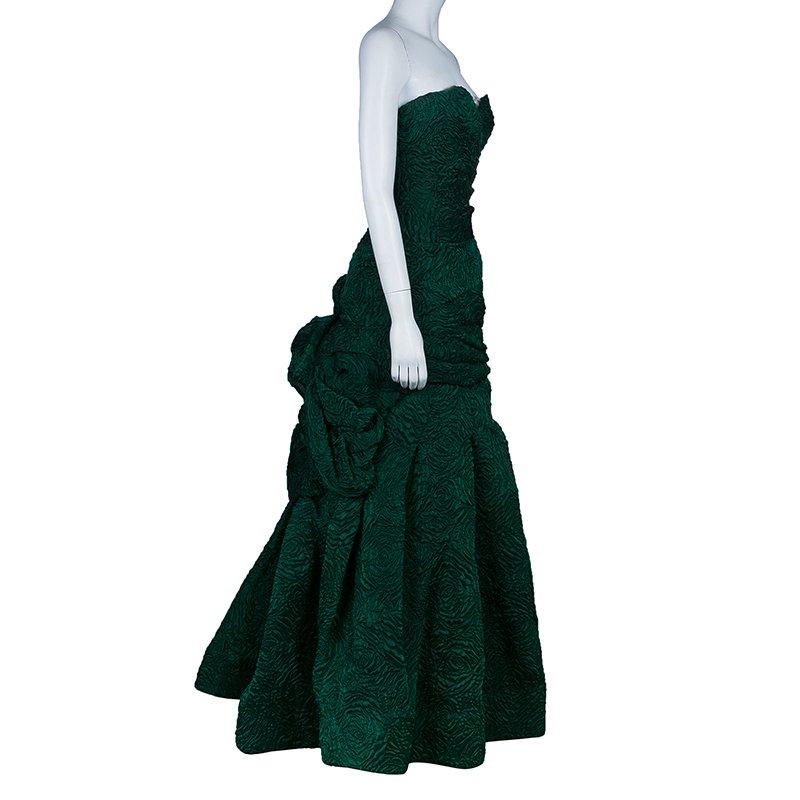 Black Monique Lhuillier Green Tufted-skirt Strapless Gown M