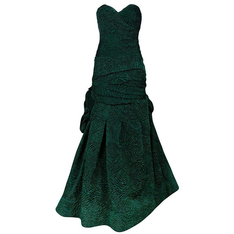 Monique Lhuillier Green Tufted-skirt Strapless Gown M