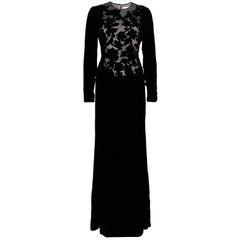 Valentino Black Floral Inset Velvet Gown M