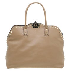 Valentino Beige Leather Rockstud Dome Double Handle Bag