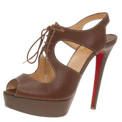 Christian Louboutin Brown Leather Serena Lace Up Peep Toe Platform Sandals Size 