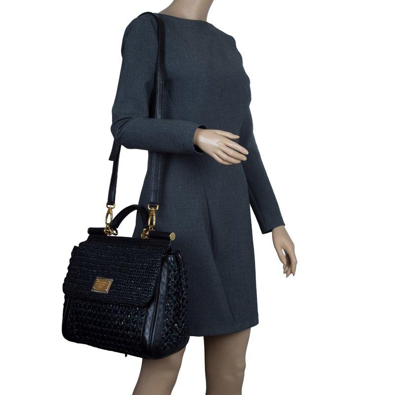 Dolce and Gabbana Black Woven Raffia Miss Sicily Top Handle Bag In Good Condition In Dubai, Al Qouz 2