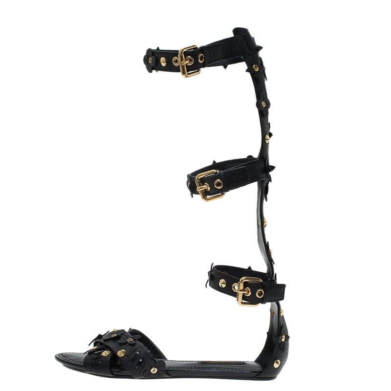Louis Vuitton Black Leather Fleur Gladiator Sandals Size 36 2