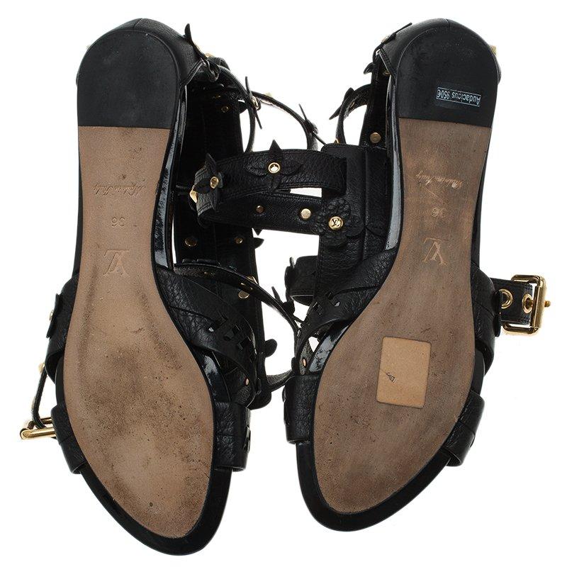 Louis Vuitton Black Leather Fleur Gladiator Sandals Size 36 1