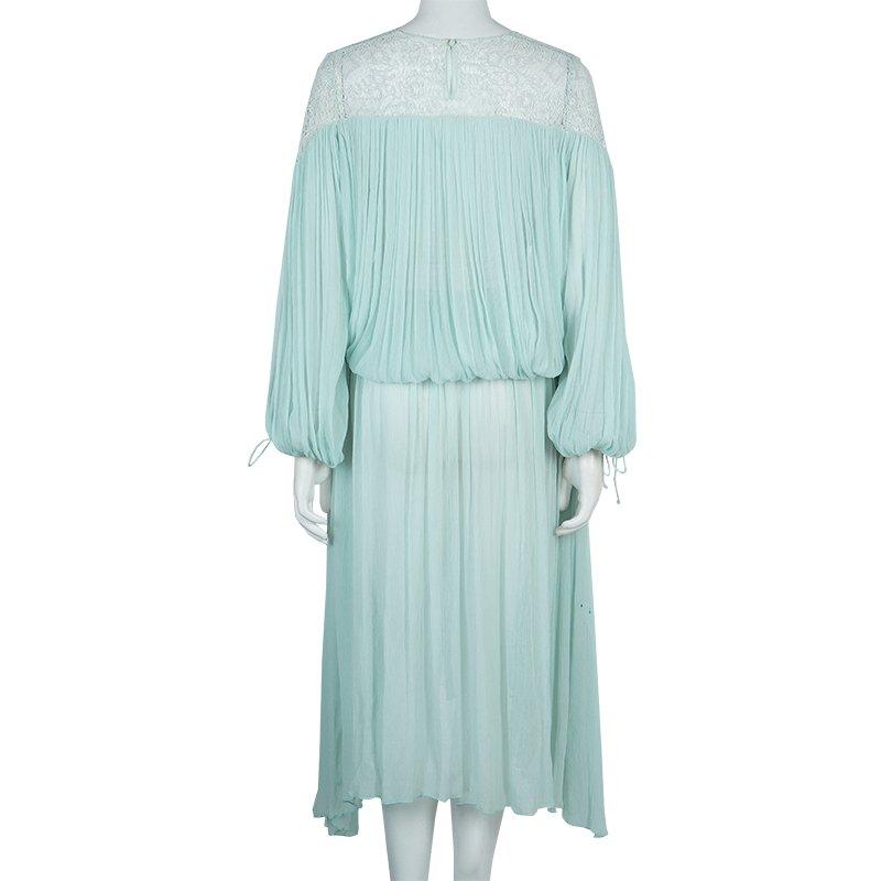 Chloe Light Blue Crinkled Chiffon Lace Detail Long Sleeve Maxi Dress S In Good Condition In Dubai, Al Qouz 2