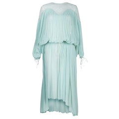 Chloe Light Blue Crinkled Chiffon Lace Detail Long Sleeve Maxi Dress S