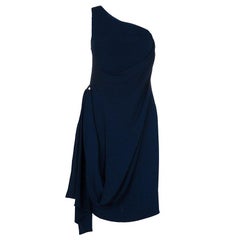 Hermes Blue Silk Knit One Shoulder Draped Dress S