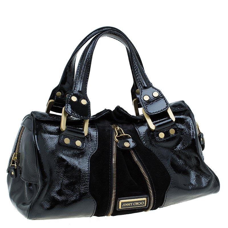 Jimmy Choo Black Patent Leather and Suede Marla Satchel In Good Condition In Dubai, Al Qouz 2