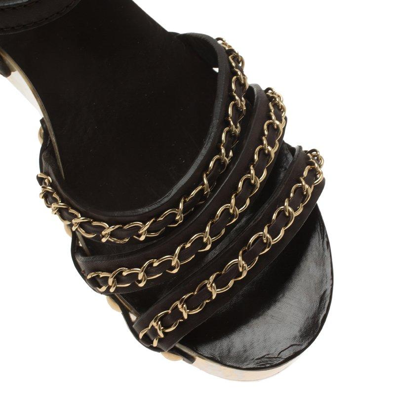 Chanel Brown Leather Chain Detail Ankle Strap Platform Sandals Size 39 5