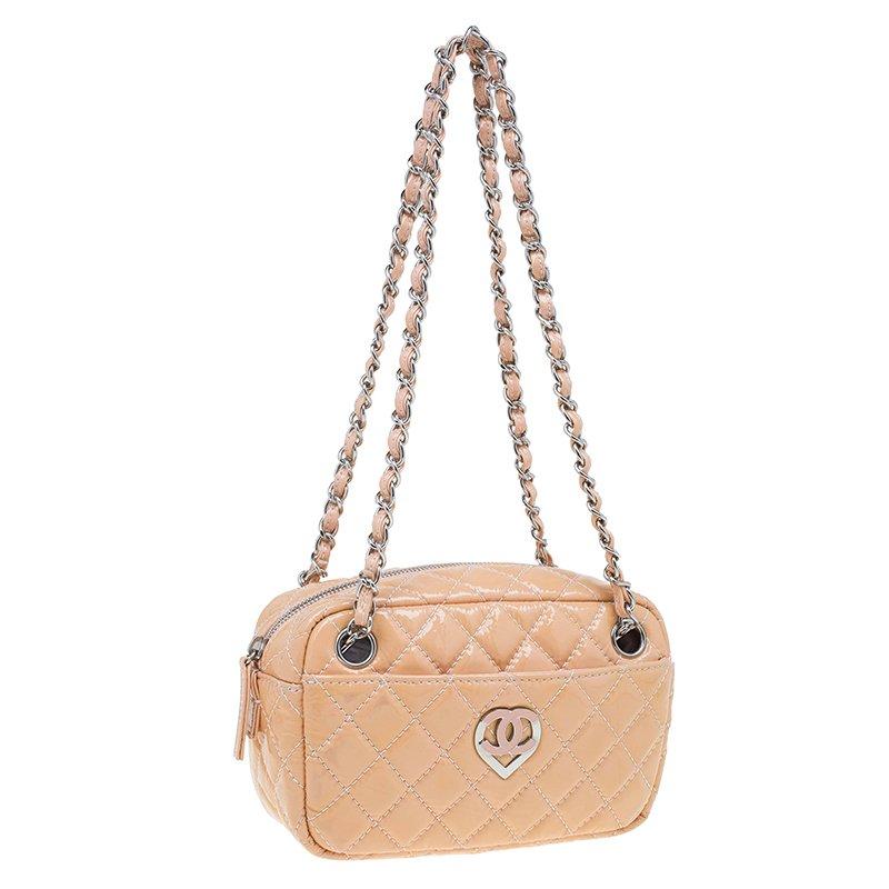 Chanel Beige Quilted Patent Leather Valentine Collection Camera Case Bag 7