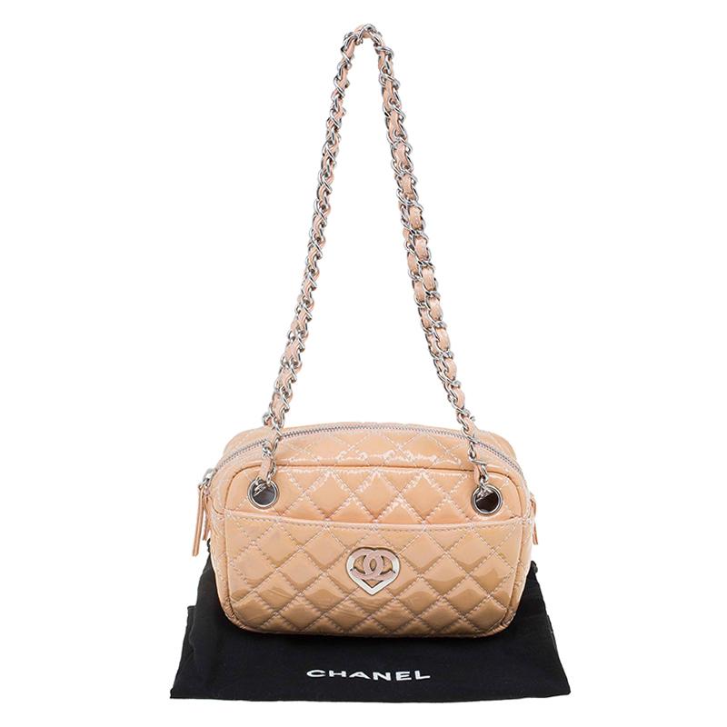 Chanel Beige Quilted Patent Leather Valentine Collection Camera Case Bag 3